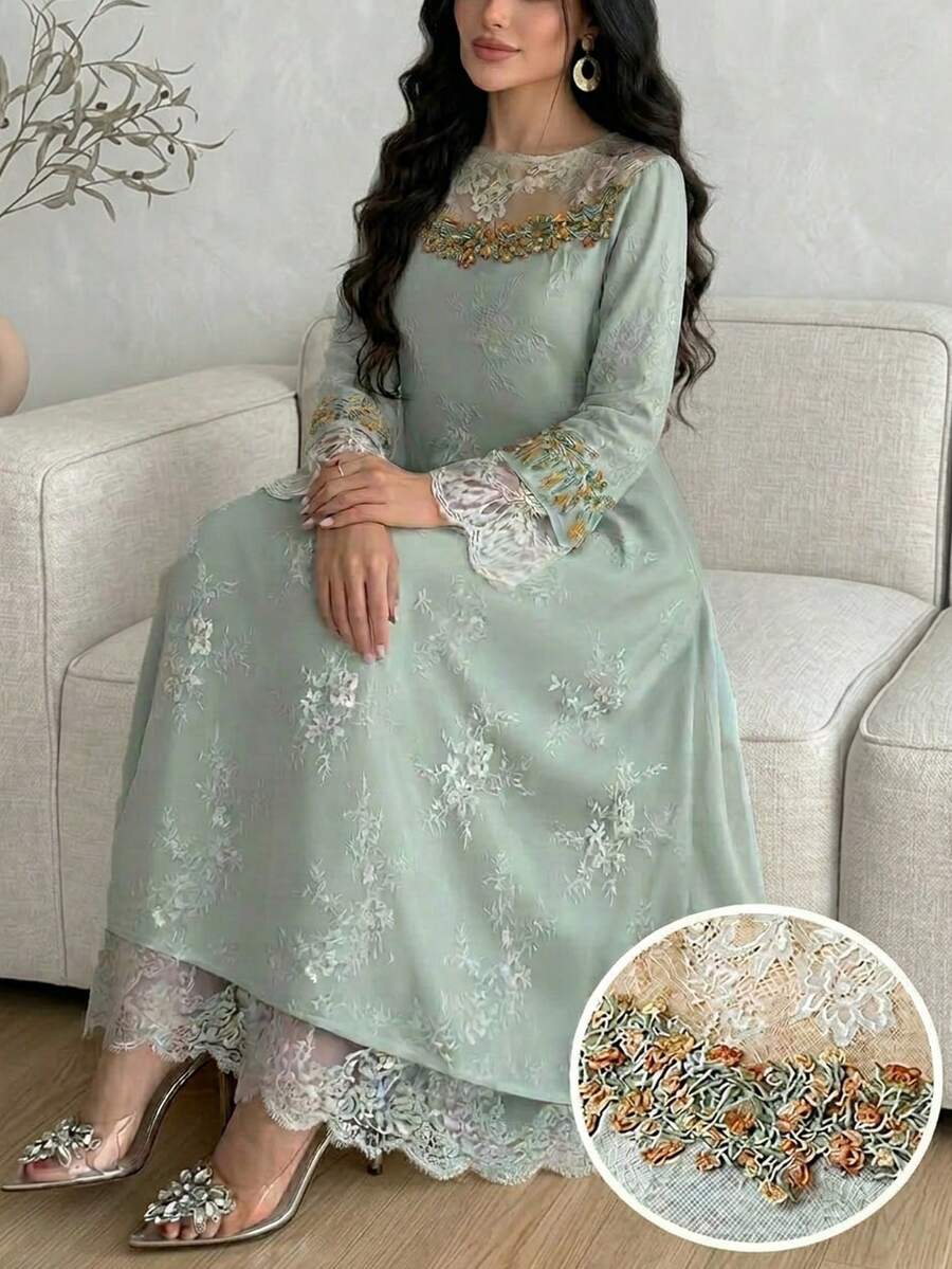 Al Najma 新款浪漫优雅蕾丝边精致高贵派对礼服 - 綠色 - 查看 1