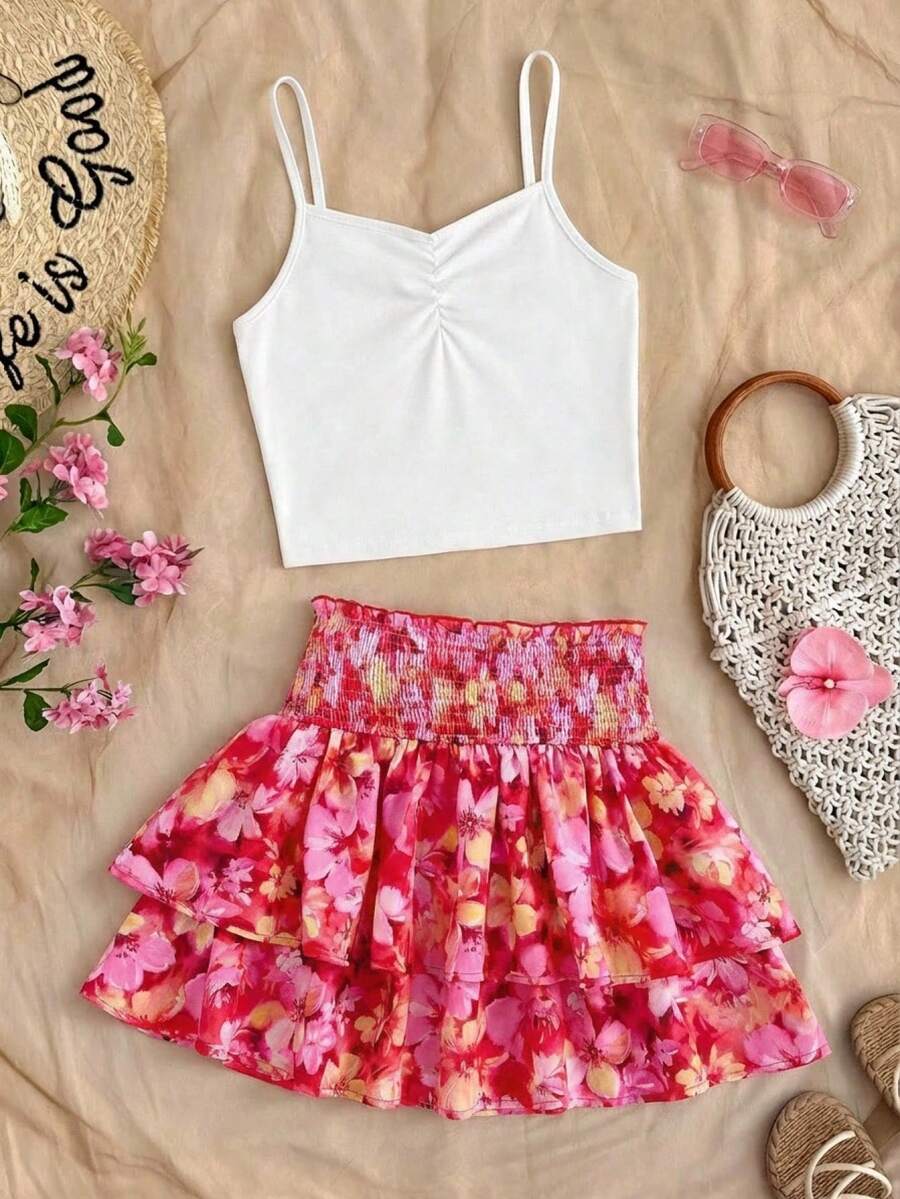 少女修身休闲简约舒适吊带花卉荷叶边下摆两件套 - 珊瑚橙 - 查看 1