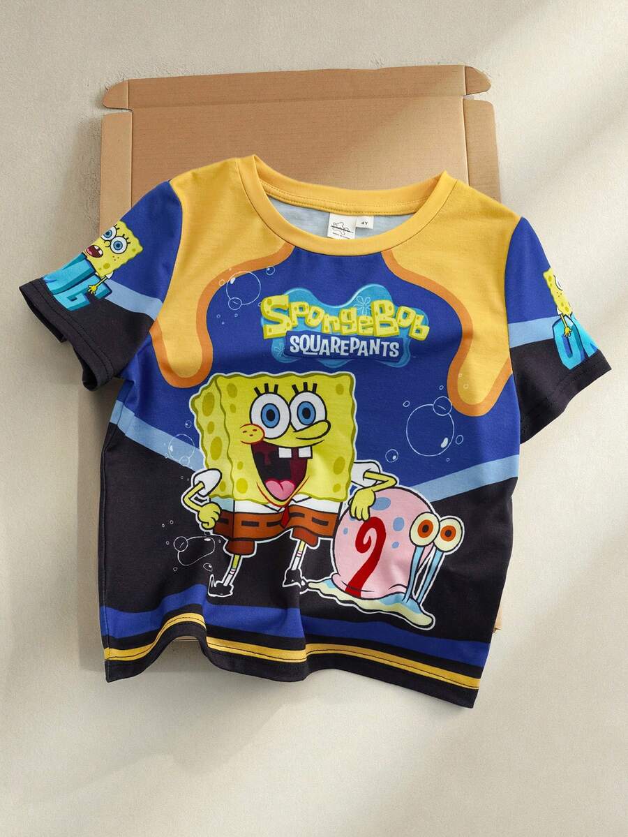 SpongeBob SquarePants | SHEIN 男童休闲圆领短袖T恤，带图案 - 藍色 - 查看 1