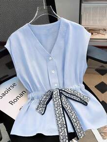 GlowEve 女士优雅V领纽扣休闲衬衫，腰部系带，褶皱荷叶边下摆，纯浅蓝色，适合春夏通勤和休闲穿着 - 彩色 - 查看 7
