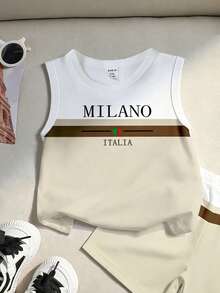 Set de 2 piezas de ropa para bebé niño, top de tirantes con estampado de rayas y letras combinado con shorts con estampado de rayas, adecuado para salidas de verano - Multicolor - Ver 5