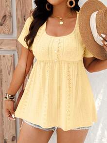 Enliva Plus Size Casual Solid Color Eyelet Embroidery Short Sleeve T-Shirt, For Apple And Rounded Body Shape - Yellow - View 4