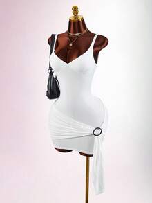 Amplova New Basic Sexy Metal Low-Cut Waist Mini Dress For Women Golf White Summer - White - View 3