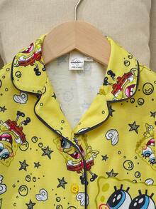 SpongeBob SquarePants | SHEIN 女童撞色拼接卡通印花舒适家居服 - 黃色 - 查看 3