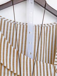 Linhara Plus Size Summer Casual Striped Asymmetric Collar Shirt - Khaki - View 3
