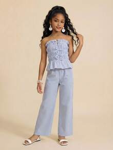 Travachic KIDS Tween Girl Vacation Casual Blue & White Striped Tube Top And Elastic Waist Pants Set,Kids - Multicolor - View 3
