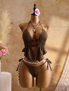 Bellisia Women's Solid Color Ruched Halter Tankini Top And Triangle Bottoms Swimwear Set, Suitable For Summer Vacation - Brown - View 1