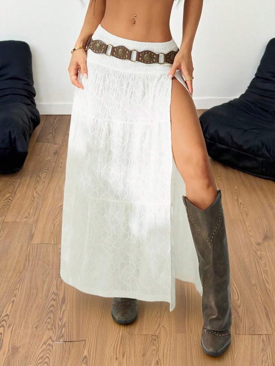 SHEIN PETITE Women's Vintage Solid Color Textured High Slit Skirt, Summer - White - View 1
