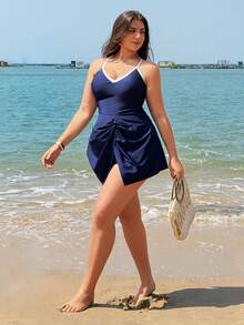 Swim Lushoire New Plus Size Women's Blue V-Neck Adjustable Strap Bikini Set, High Waist Tankini Top And Shorts Two Pieces Swimsuit - Blue - View 4