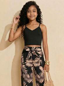 Travachic KIDS Tween Girls' Vacation Casual Black Knit Floral Print Tank Top And Pants Set - Multicolor - View 1