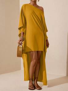 Vesra Vestido de mujer de unicolor con cuello asimétrico, parte delantera corta y parte trasera larga - Amarillo - Ver 3
