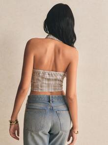 Poéselle Women's Plaid Halter Backless Single-Breasted Casual Versatile Blouse For Dates & Outings Affordable Tops For Women Bussines Casual Tops Business Casual Women Tops - Khaki - View 2