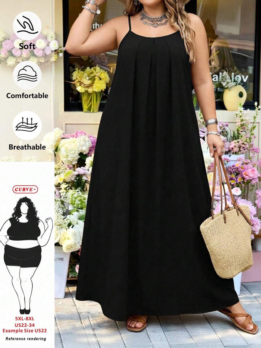 SHEIN CURVE+ Curve 尺码 US22 音乐节、海滨度假、波西米亚风女士纯色褶皱休闲派对外出吊带裙 - 黑色 - 查看 1