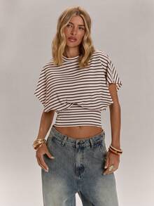 SHEIN BAE Áo thun nữ cổ tròn kẻ sọc, kiểu dáng thường ngày, đa năng. - màu nâu - Xem 5