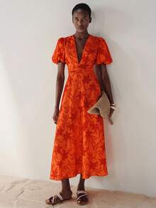 Aveloria Modichic Women Light Woven Floral Printed Fabric High Waist A-Line Swing Fit Deep V-Neck Puff Short Sleeve Design Elegant Vacation Style Red Floral Dresses For Women Summer Vacation Outfits Women Elegant Dresses For Women Red Dresses For Women Wrap Around Dresses For Ladies Women's Talk Dress Ycv9w Discount Code For Woman Dress Wrap Dress Wedding Guest - Orange - View 6