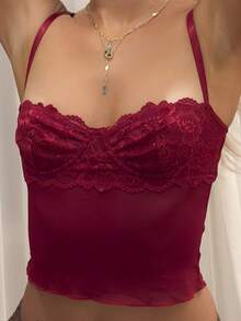 Theaadoraa 女式撞色蕾丝短款性感吊带背心 - 酒紅色 - 查看 3