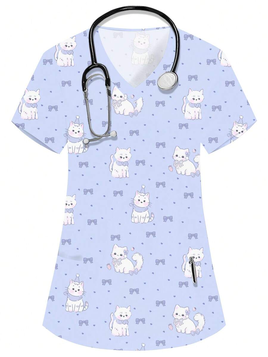 PopScrub Áo đồng phục y tế nữ màu tím cổ chữ V tay ngắn hai túi họa tiết hoạt hình dễ thương, in hình mèo đáng yêu, đồng phục y tá bác sĩ, quần áo làm việc chăm sóc thú cưng màu trơn, áo khoác phòng thí nghiệm dinh dưỡng, quần áo làm việc nhiều túi tiện dụng, trang phục ngày lễ tiện dụng cho nữ, dễ thương - Màu tím - Xem 1