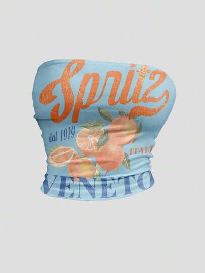 SHEIN Sweetro חולצה קצרה עם הדפס פירות ולימון כתום בצבע איטליה ונטו לקיץ לנשים, תלבושת חופשת חוף בסגנון שנה לעד