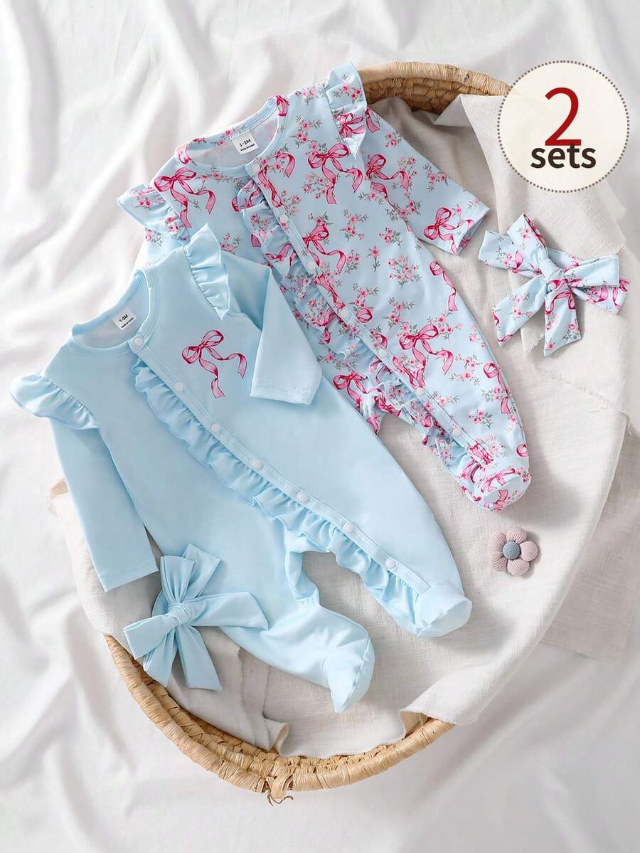 SHEIN Vintaside Kids 新生儿田园风精致浅粉色蝴蝶结花朵荷叶边领长袖连体裤发带套装 - 淺藍色 - 查看 1