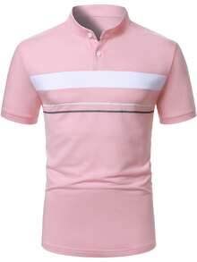 Calvornis 男士经典立领休闲Polo衫，正式场合适用 - 粉色 - 查看 5