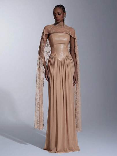 Elitara Elegant, Luxurious And Versatile Leather Patchwork Elastic Knit Mesh Lace Ruched Dress With Detachable Sequin Sleeves And Fishtail Hem, Suitable For Weddings, Parties, Vacations, Galas And Formal Events