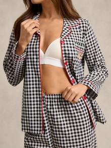 EverLounge Women's Plaid Long Sleeve Pocket Single-Breasted Top And Pants Pajama Set - Grey - View 5
