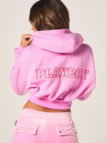 Missguided x Playboy 女士镶钻超大款短款拉链连帽卫衣，饰有闪亮细节和正面标志 - 粉色 - 查看 2