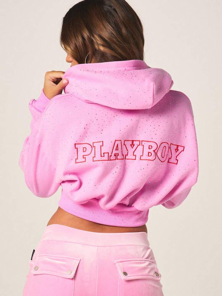 Missguided x Playboy Women's Diamante Embellished Oversized Crop Zip Up Hooded Sweatshirt With Sparkly Details And Front Logo