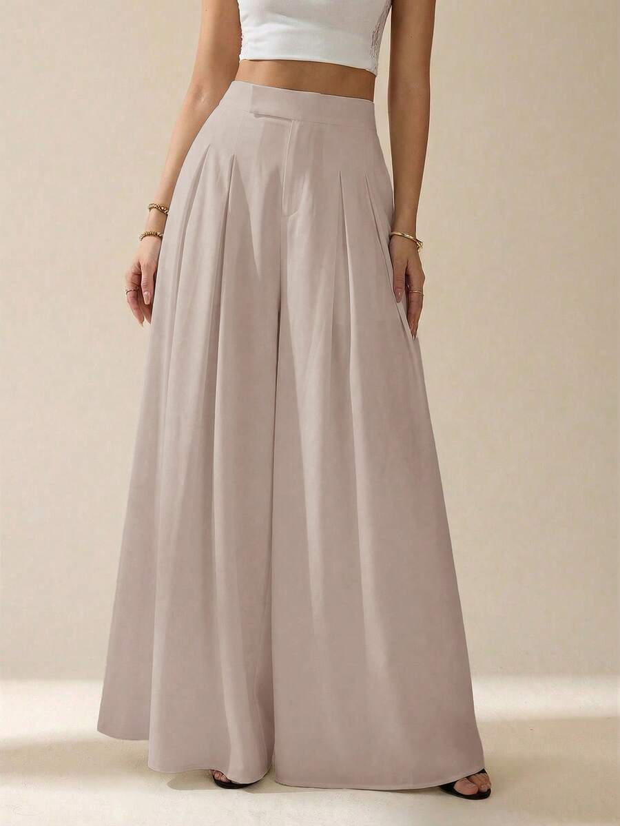 SHEIN Tall Quần ống rộng xếp ly cạp cao màu trơn dành cho nữ, kiểu dáng thoải mái.