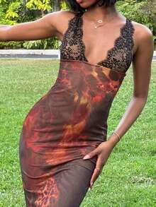 Mima John Lace Elegant Sexy Black Base Red Lily Flower Pattern  Print Knit Mesh V-Neck Backless Fitted Dress For Women,Suitable For Going Out, Concert, Party, Club Outfits, Date, Night Out,Vacation ,Beach  Outfits,Garden Wedding Guest Dress, Elegant Dress For Women,Valentine's Day,For Autumn And Winter - Burgundy - View 3