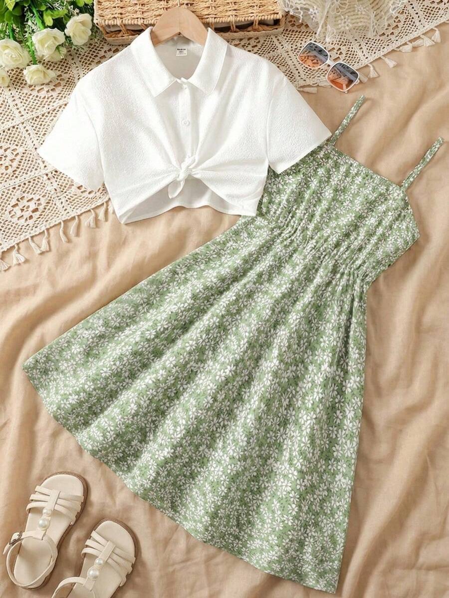 SHEIN Tween Girl White Short Sleeve Shirt And Ditsy Floral Camisole Dress Set,Kids - Green - View 1