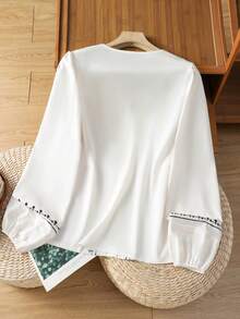 Franclia 复古风撞色刺绣装饰长袖宽松女式衬衫，修身显瘦，2026春季新款，杏色 - 杏色 - 查看 2