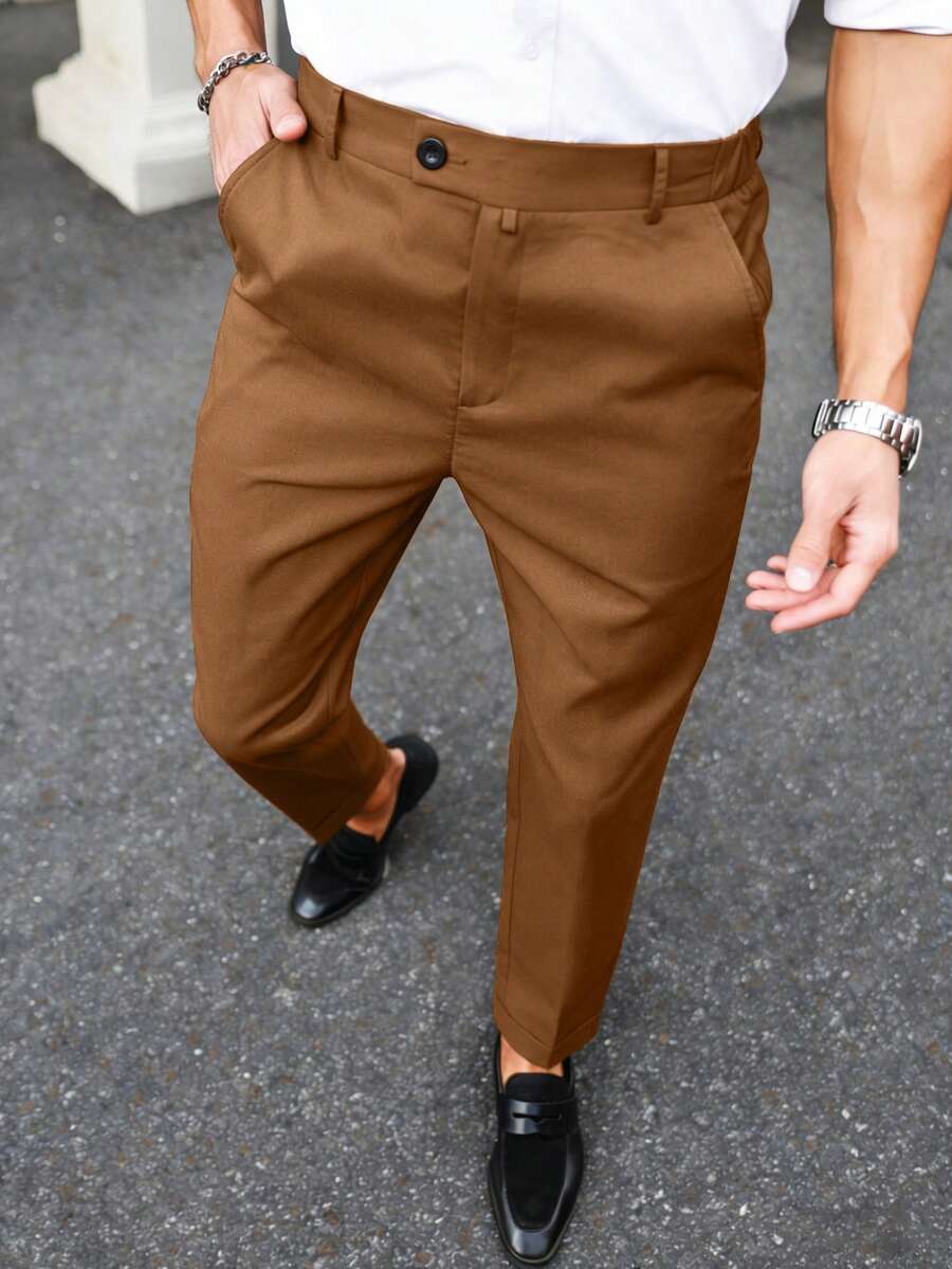 Manfinity Mode Pantalones de traje de unicolor versátiles para ir al trabajo, formales para hombres - Café integral - Ver 1