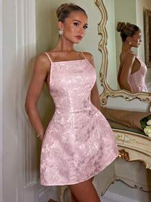 Glamine Charm 女士吊带连衣裙，提花花卉刺绣金属面料，奢华派对/下午茶礼服，露背公主风，性感优雅，夏季 - 粉色 - 查看 4