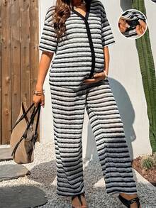 Boho Mama 两件套孕妇条纹短袖纽扣上衣和可调节腰围休闲裤套装 - 黑與白 - 查看 10