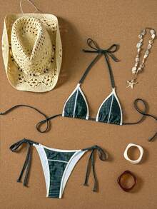 Swim Vcay Conjunto de traje de baño elegante y sexy para mujer con diseño de cuello halter y cintura con lazo - Multicolor - Ver 6