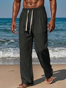 VIVINTIMO Pantalones casuales sueltos de pierna ancha con cordón y bolsillos para hombre - Negro - Ver 3