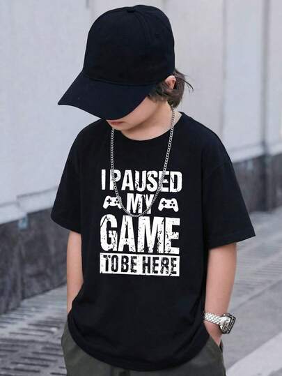 SHEIN Leap Crew Camiseta de manga corta con estampado de eslogan para niño preadolescente, uso casual diario, verano