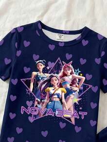 女童卡通印花睡衣套装，包括藏青色和紫色可爱爱心女孩图案针织弹力柔软短袖上衣和裤子，舒适合身，甜美可爱。 - 藏蓝色 - 查看 3