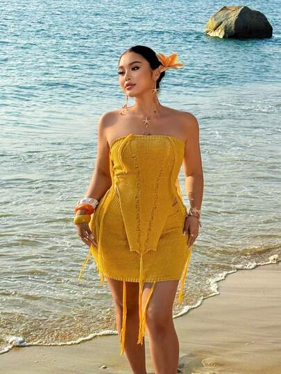 Sunnyshic 大码女装假日不对称下摆抹胸针织衫和修身中长裙套装