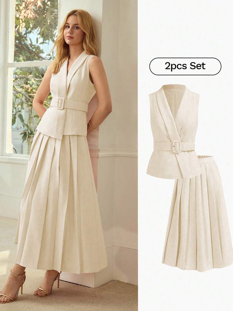 WOMEN'S SLEEVELESS MATCHING TOP AND PLEATED SKIRT SET, COMMUTER OUTFIT