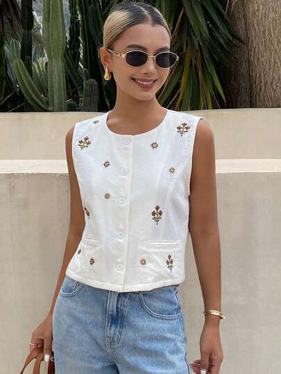 Dazy-Less Gilet smanicato con scollo tondo, con ricamo di perline, elegante giacca estiva leggera in stile vintage per donna