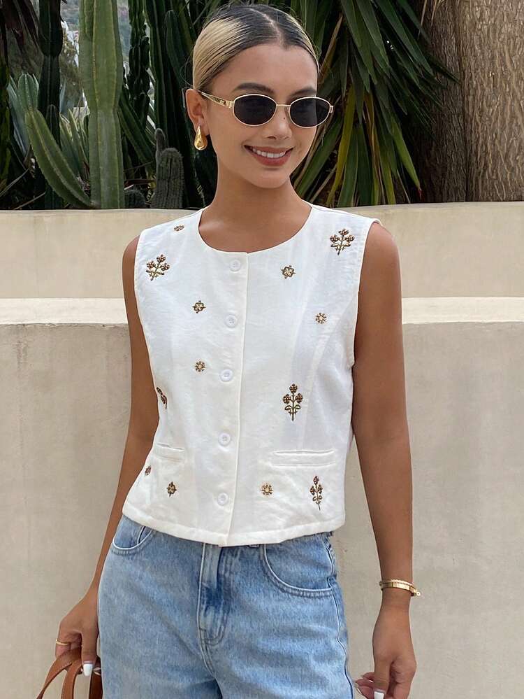 Beaded Embroidery Loose Round Neck Sleeveless Vest, Elegant Vintage Summer Thin Jacket For Women