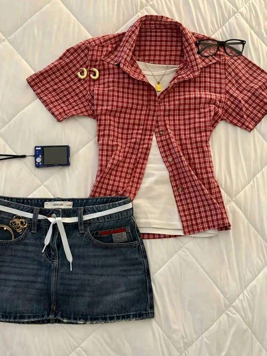 Glimmora Women's Summer Casual Commuting Vacation Collegiate Style Patterned Print Short Sleeve Shirt - Multicolor - View 1