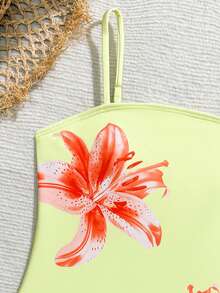SHEIN Tween Girls Floral Print One-Piece Swimsuit,Yellow One-Piece Swimsuit With Lily Print, Thin Straps, Skin-Friendly And Quick-Drying, Perfect For Little Girls To Wear While Learning To Swim At The Beach Or Pool, Or For Vacations And Water Activities – A Refreshing Summer Outfit.  Swimsuit Flower 1 Piece Swimwear Bathing Suit For Girls Summer Outfits For Women Swimsuit Cheap Bathing Suits Buy Swimwear - Yellow - View 5