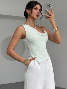 Rafferiza Women's Elegant White Summer Tank Top,Textured Fabric Sleeveless One Shoulder Asymmetric Hem Draped Party Night Fashionable Casual Classy Tops - Mint Green - View 4