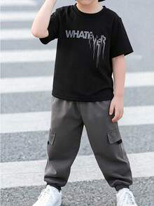 2pcs Boys' Spring/Summer Outfit Set - Printed Black Short Sleeve T-Shirt Paired With Cargo Pants, Casual Versatile Suit - Multicolor - View 1