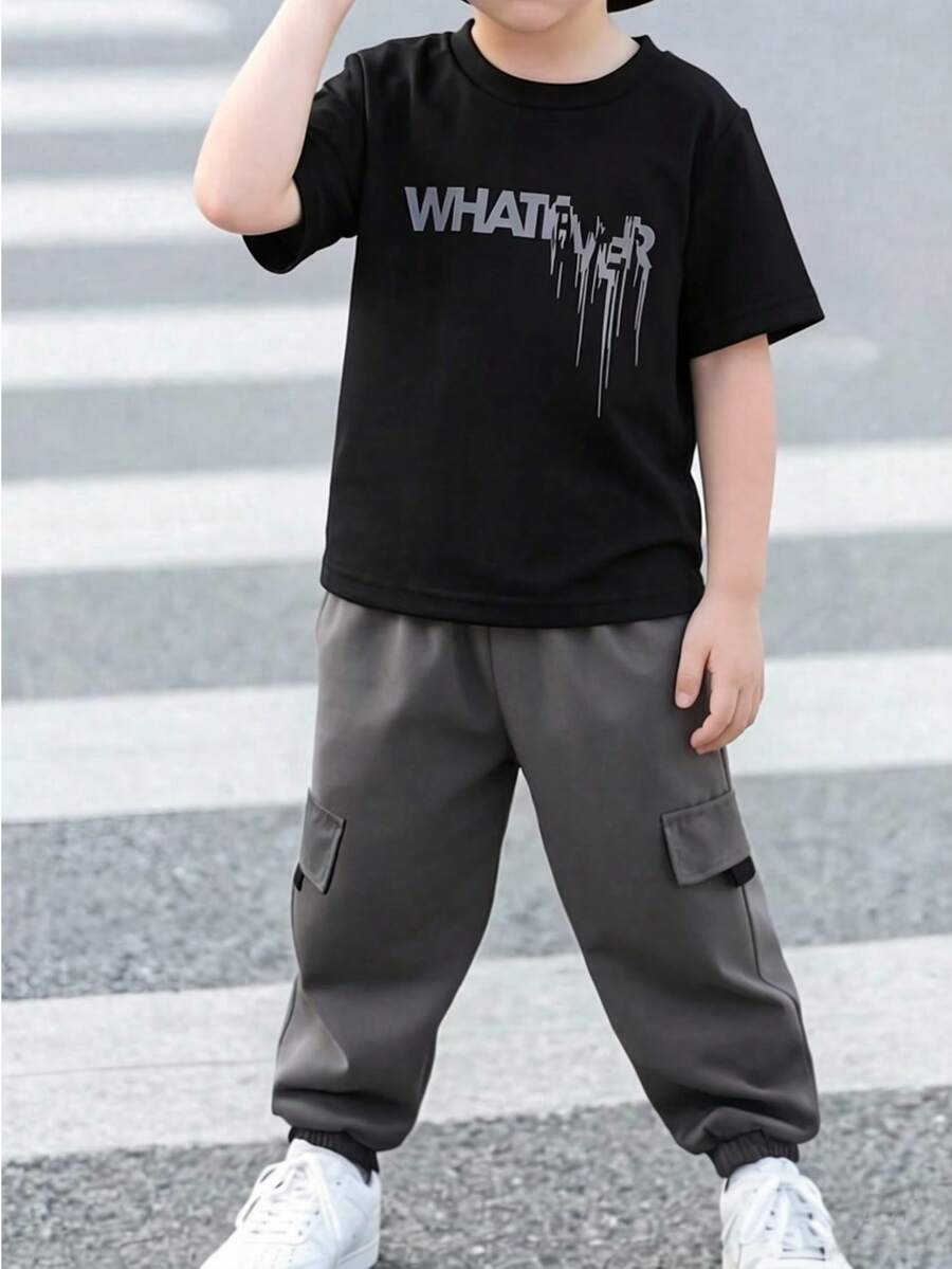 2pcs Boys' Spring/Summer Outfit Set - Printed Black Short Sleeve T-Shirt Paired With Cargo Pants, Casual Versatile Suit - Multicolor - View 1