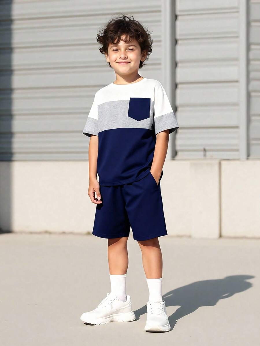 Vacaura 2pcs/Set Boys' Casual Colorblock Round Neck T-Shirt Set, Comfortable And Fashionable For Daily, School, And Sports Wear - Royal Blue - View 1