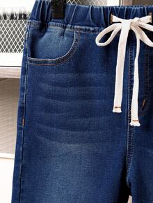 SHEIN Pantalones cortos vaqueros casuales con cintura con cordón y bolsillos para adolescentes - Azul lavado oscuro - Ver 3